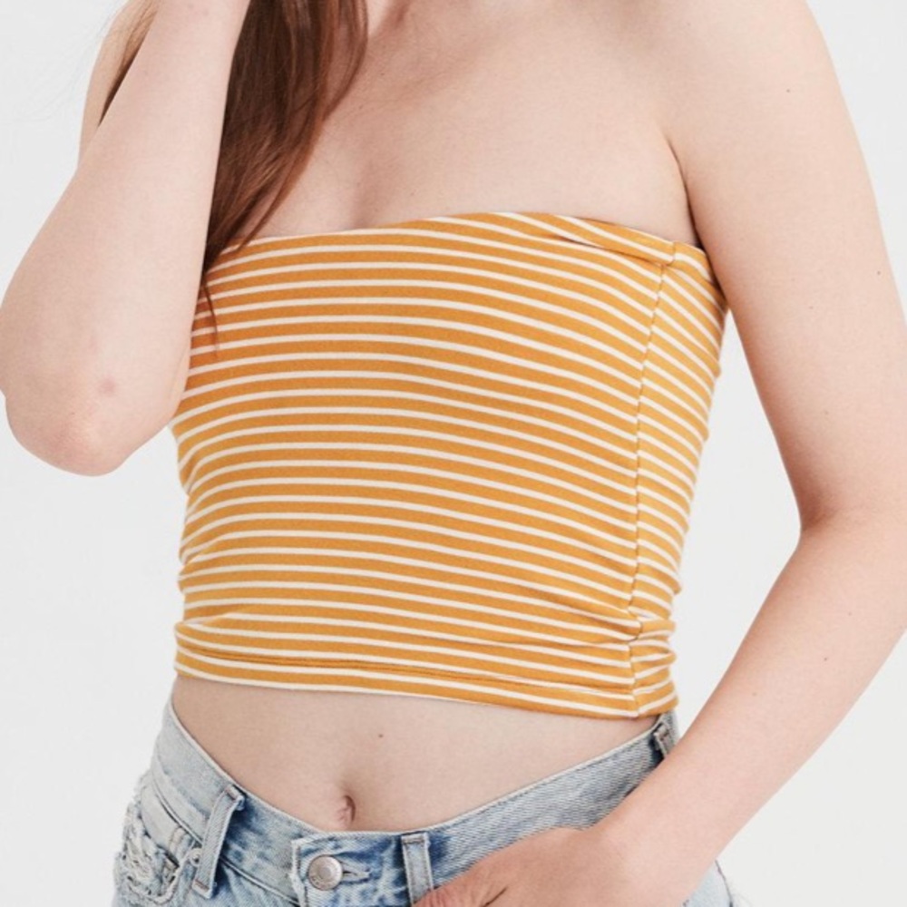 AMERICAN EAGLE YELLOW AND WHITE STRIPED TUBE TOP